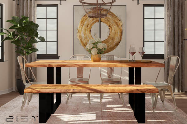 در این قسمت تصویر نمونه از ترکیب چوب و فلز در دکوراسیون با استفاده از میز ناهار خوری و صندل نیمکتی چوبی فلزی قرار گرفت.