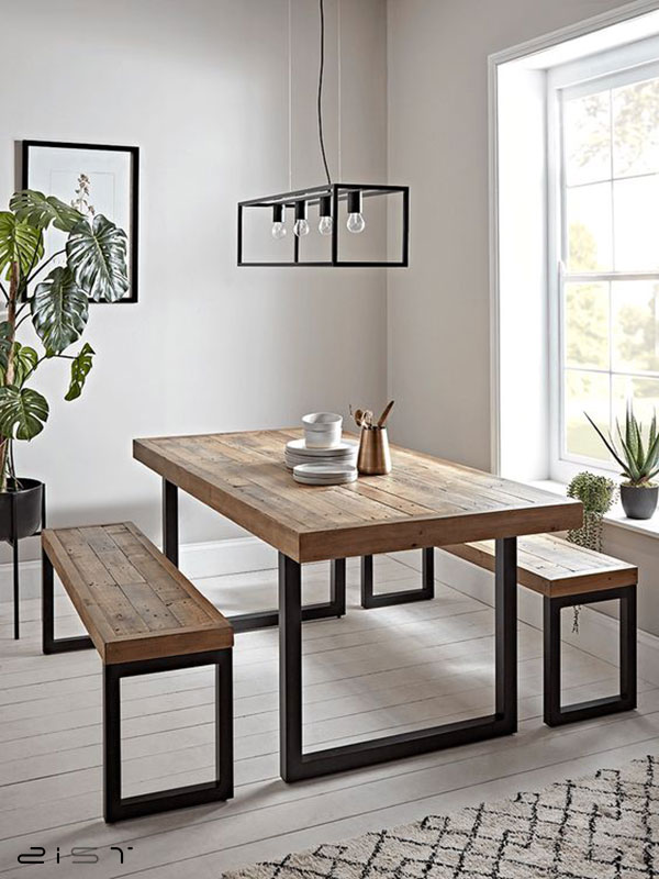 میز ناهار خوری چوب فلز به دلیل پایه های ساده و کوچکی که دارد، فضای کمی را اشغال میکند و به بزرگ تر دیده شدن فضا کمک میکند