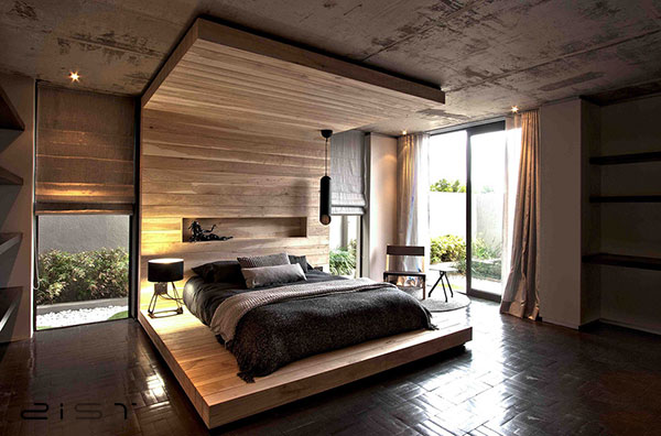 در این تصویر یک نمونه از دکوراسیون چوبی مدرن برای اتاق خواب را مشاهده میکنید
