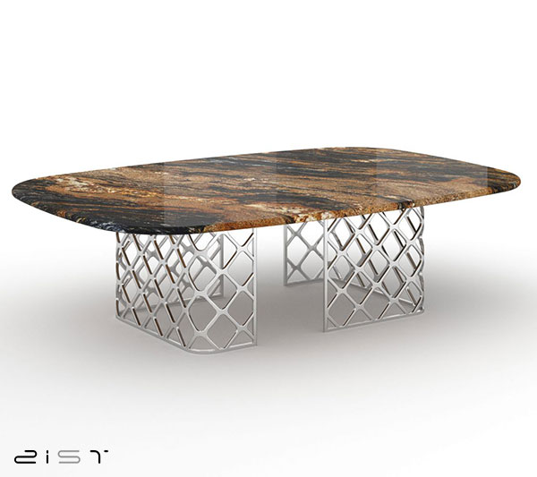 در این تصویر شما یک نمونه میز جلو مبلی مینیمال سنگی با پایه های فلزی را مشاهده میکنید