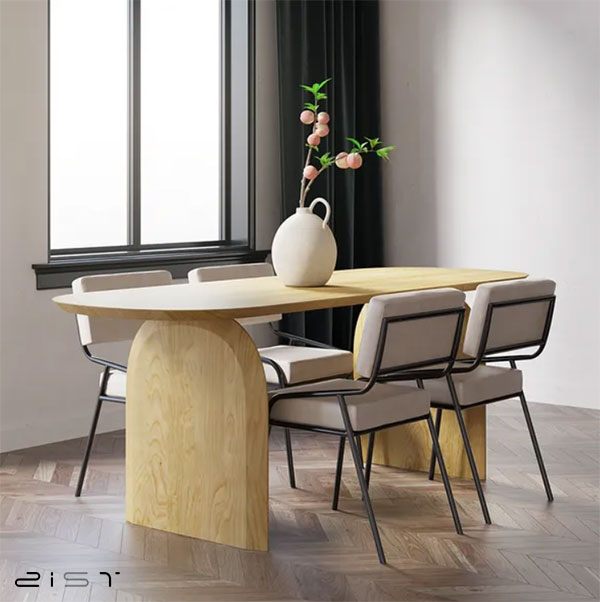 میز ناهار خوری چوبی رنگ روشن فضای خانه را بزرگ تر نشان میدهد