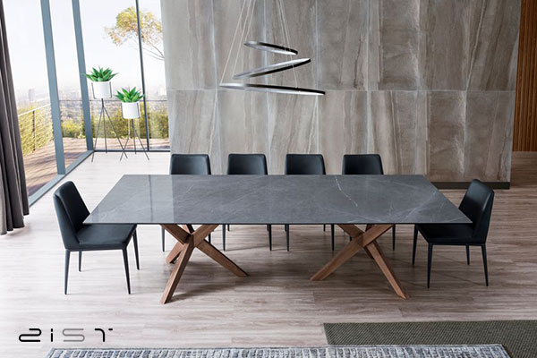 در این تصویر یک مدل میز ناهار خوری مدرن چوبی و سنگی را مشاهده میکنید