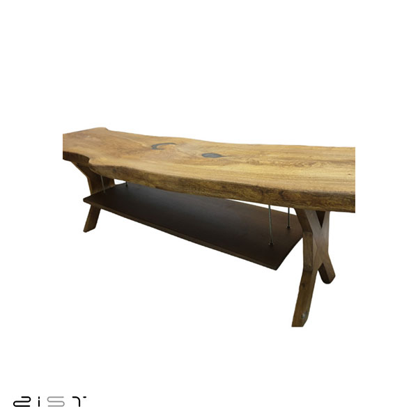 در این تصویر یک میز تلویزیون لاکچری به سبک چوب و فلز را مشاهده میکنید